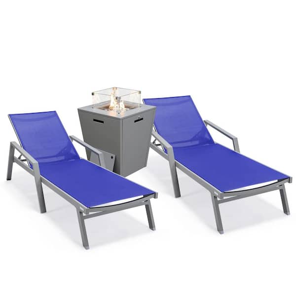 Leisuremod Marlin Modern Grey Aluminum Outdoor Chaise Lounge Chair With Arms Set of 2 and Fire Pit Table, Navy Blue