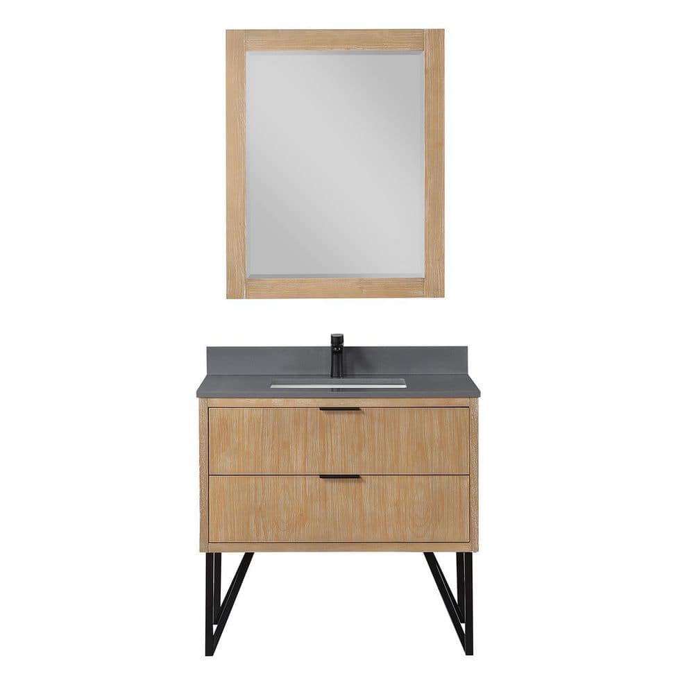Helios Weathered Pine 36" Single Vanity with Concrete Grey Top and Mirror
