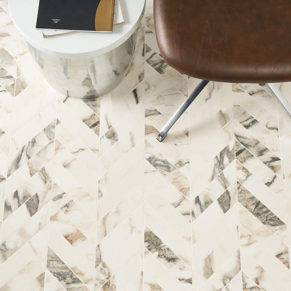 Calacatta Rustico Polished Porcelain Chevron Mosaic Tile