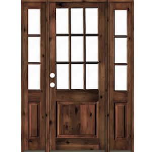 64 in. x 96 in. Rustic Knotty Alder Clear 9-Lite Red Mahogony Stain Wood Right Hand Single Prehung Front Door/Sidelites
