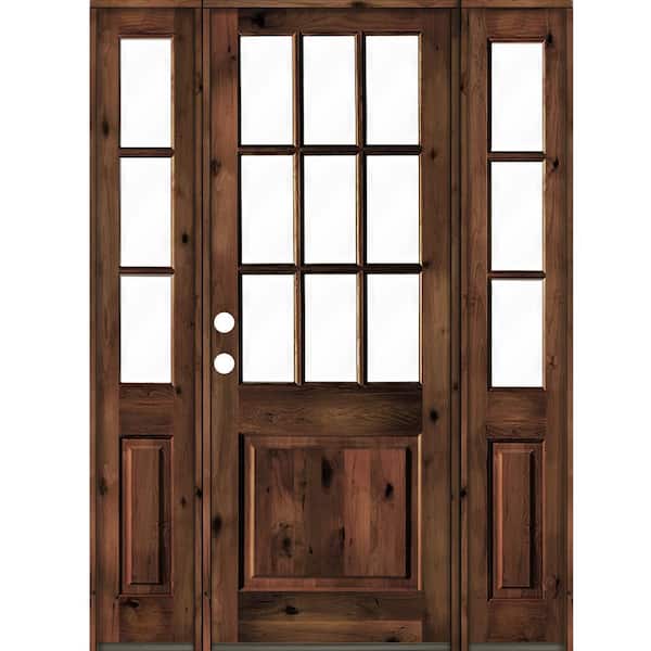 Krosswood Doors 70 in. x 96 in. Rustic Knotty Alder Clear 9-Lite Red Mahogony Stain Wood Right Hand Single Prehung Front Door/Sidelites