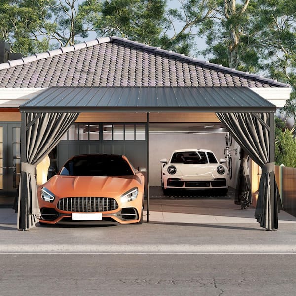 14 ft. W x 12 ft. D Black Aluminum Carport with Sloping Galvanized Steel Roof, Detachable Curtains and Netting