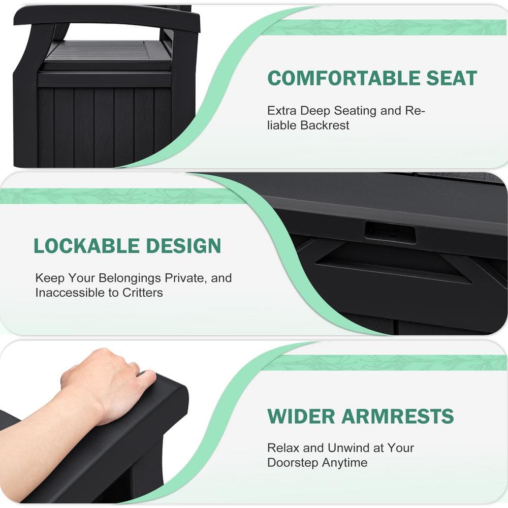 Black 80 Gallon Resin Outdoor Storage Bench with Armrests