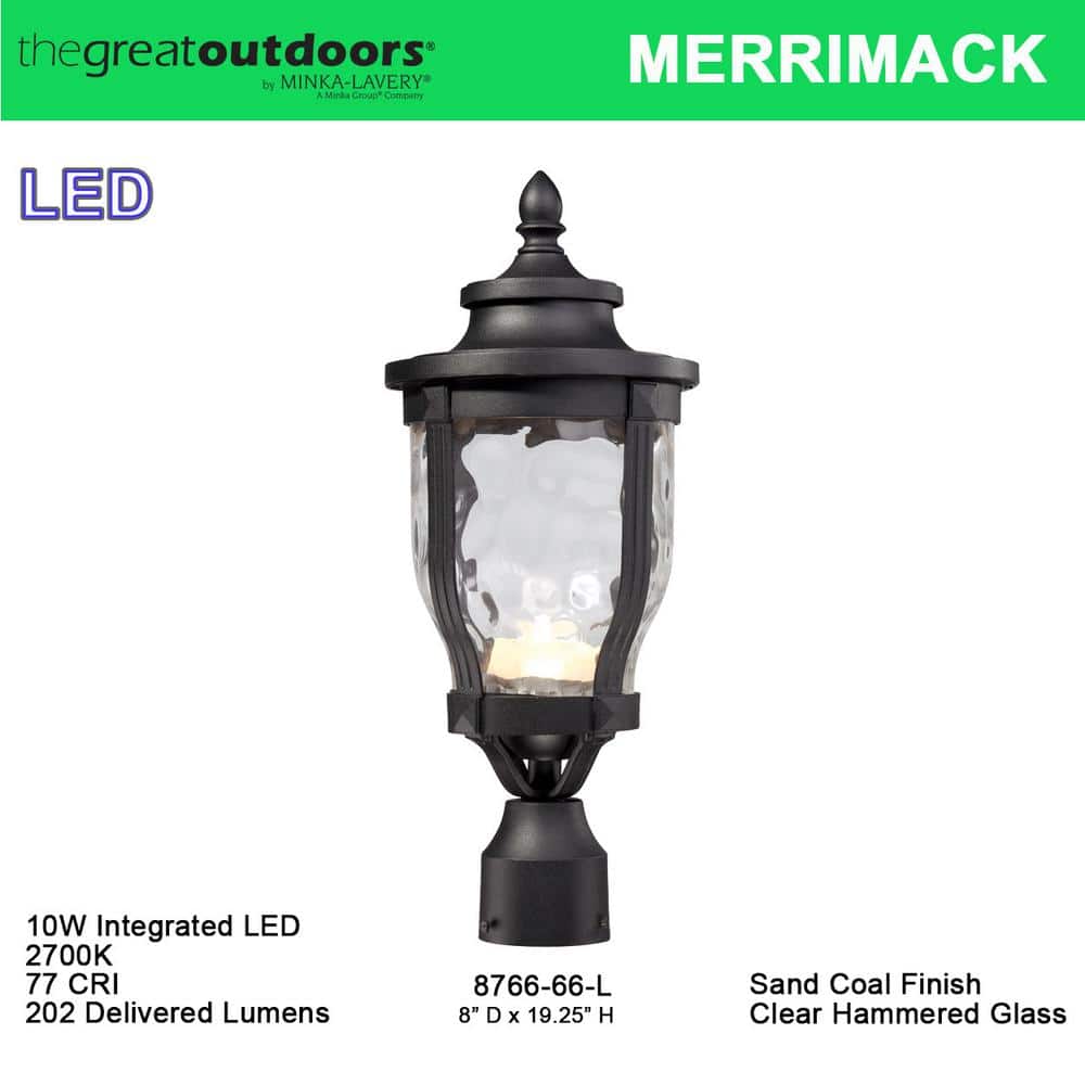 Merrimack Black LED Outdoor Post Light with Clear Hammered Glass