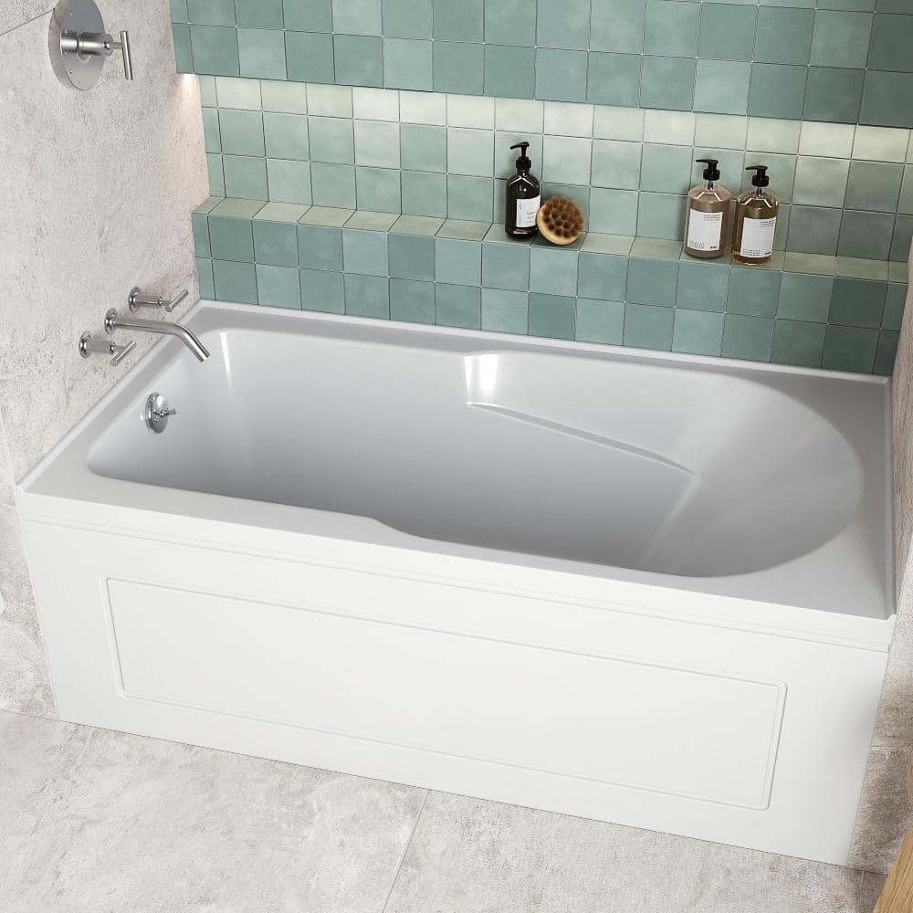 Glossy White Acrylic Rectangular Alcove Bathtub with Chrome Drain