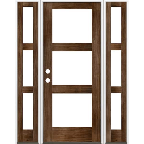 Krosswood Doors 64 in. x 96 in. Modern Hemlock Right-Hand/Inswing 3-Lite Clear Glass Provincial Stain Wood Prehung Front Door with DSL
