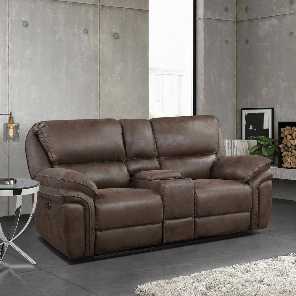 Arlo 79.5 in. W Brown Microfiber Power Double Reclining Love Seat with Cent