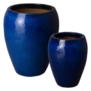 17 in. x 23 in. 25 in. x 30 in. H Blue Ceramic Round Pots S/2