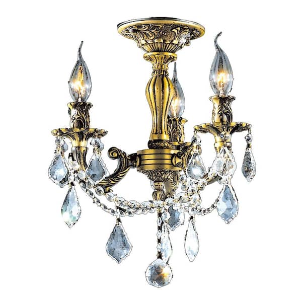 Worldwide Lighting 3-Light Solid Brass Crystal and Antique Bronze Ceiling Light
