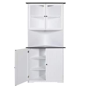 34 in. W x 25 in. D x 71 in. H Corner Linen Cabinet with Adjustable Shelves and Glass Doors in White