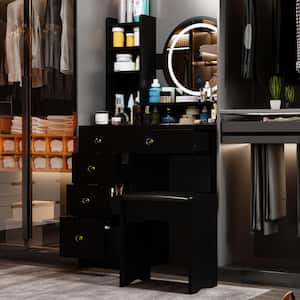 5-Drawers Black Wood Makeup Vanity Set Dressing Desk W/Stool, LED Round Mirror and Storage Shelves