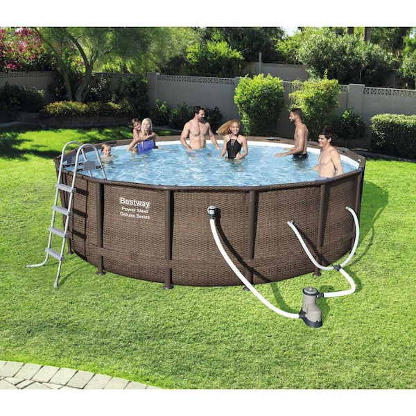 Bestway 14 ft. x 42 in. Deep Power Steel Metal Frame Above Ground Swimming Pool Set with Pump 15123E-BW