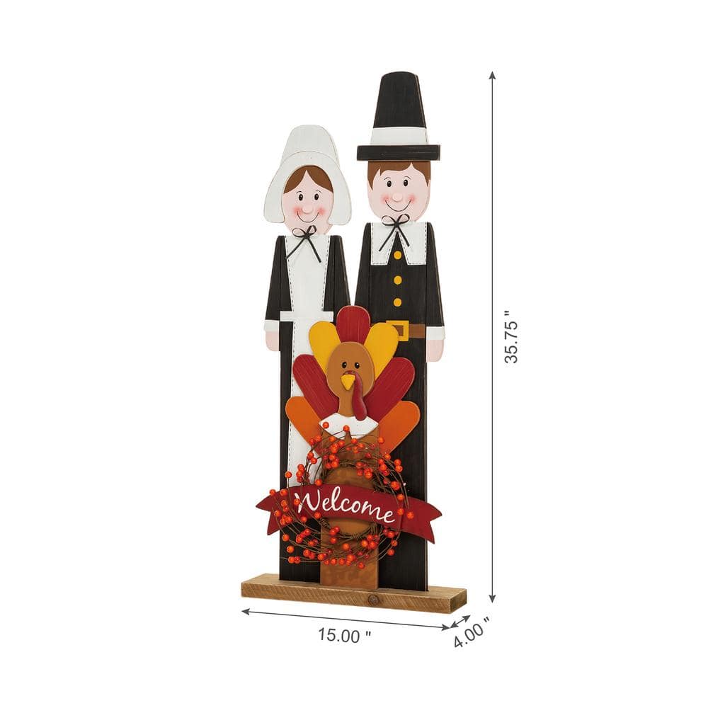 36" Tall Thanksgiving Wooden Pilgrim Couple Porch Sign