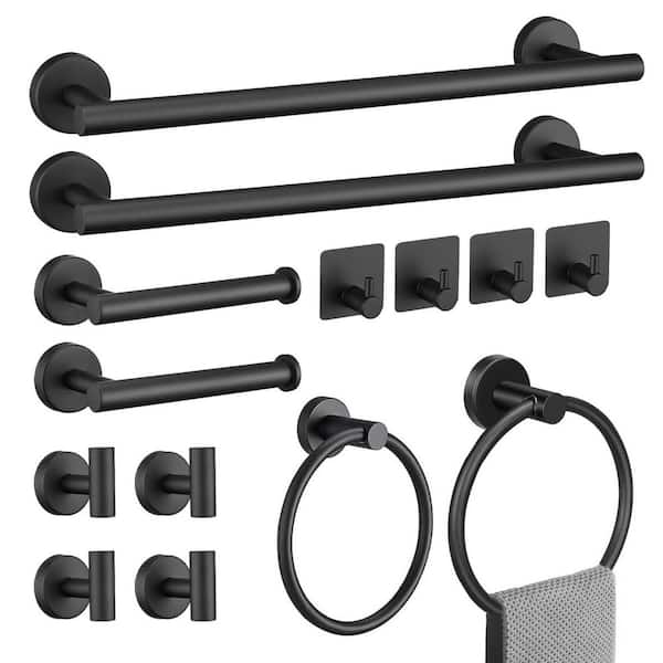14-Piece Bath Hardware Set with Towel Bar Paper Holder Towel Ring and Hooks in Matte Black