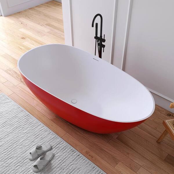 Luna 67 in. x 33.5 in. Stone Resin Solid Surface Flatbottom Freestanding Soaking Bathtub in White Inside and Red Outside