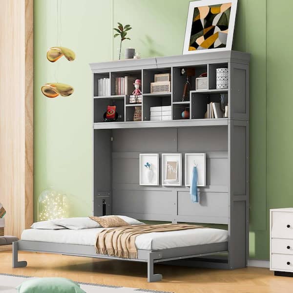 Gray Wood Frame Queen Murphy Bed with Top Shelves and USB