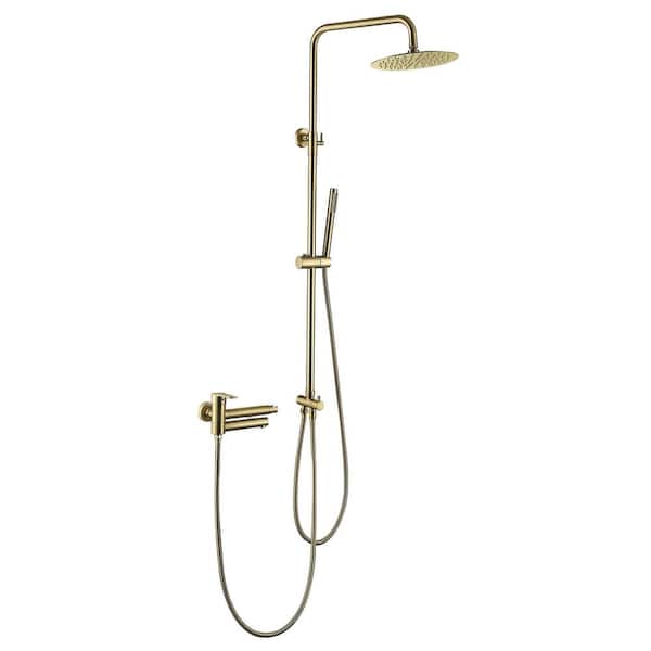 Single Handle 1-Spray Wall Mount Tub and Shower Faucet 1.8 GPM Exposed Pipe Shower System in Brushed Gold Valve Included