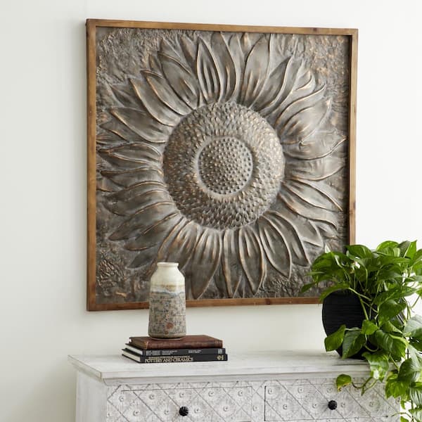 Litton Lane Metal Gray Sunflower Floral Wall Decor with Embossed Details