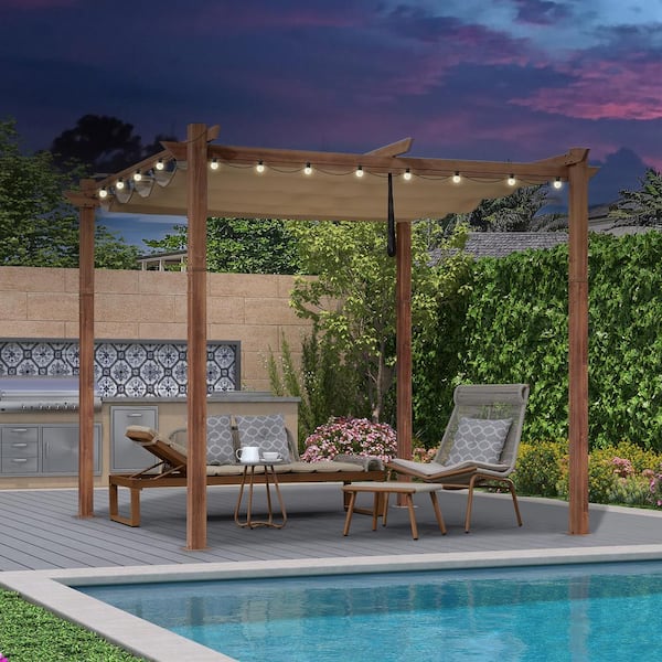 PURPLE LEAF 10 ft. x 10 ft. Natural Wood Grain Pergola with Beige Retractable Sun Shade Canopy Extra Roof and String Lights