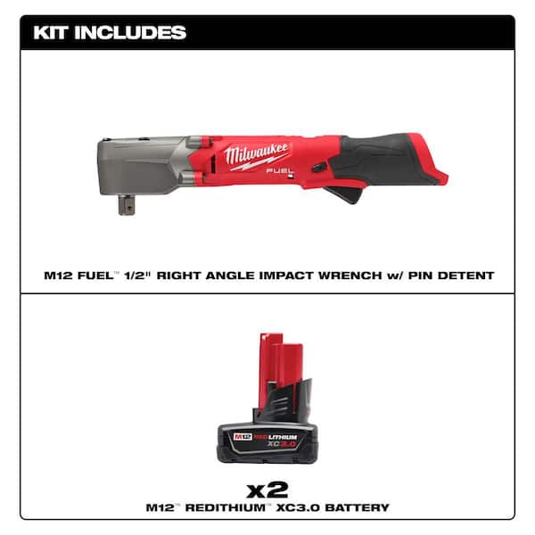 M12 FUEL 12V Lithium-Ion Brushless Cordless 1/2 in. Right Angle Impact Wrench with Pin Detent with (2) 3.0 Ah Batteries