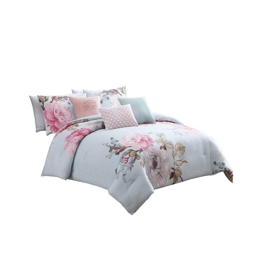 Queen Size Floral Microfiber Comforter Set in Pink and Blue