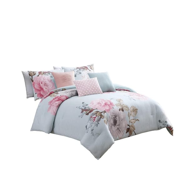 Benjara 7-Piece Multicolor Floral Microfiber Queen Comforter Set