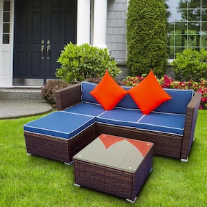 Brown 3-Piece PE Rattan Wicker Outdoor Sectional Furniture Sofa Set with 1 Stool, 3 Sofas, 1 Table and Blue Cushions