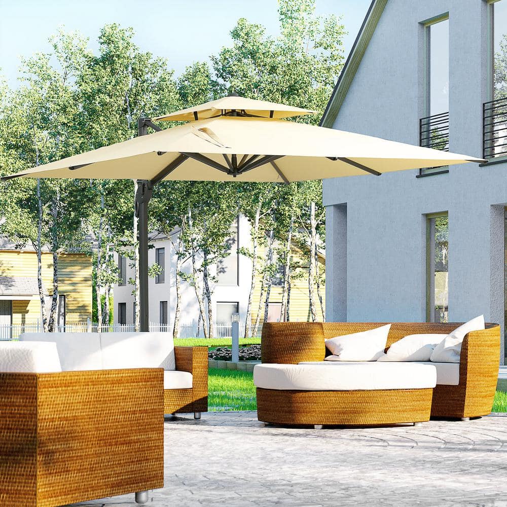Beige 10 ft. Offset Patio Cantilever Umbrella with Solar Tilt and Half Shad