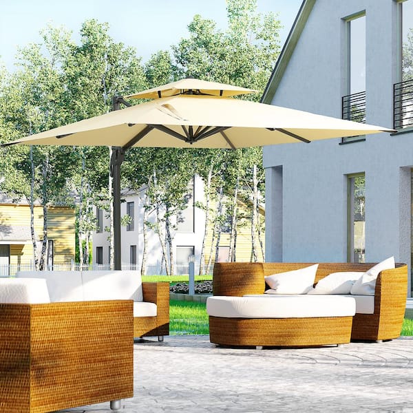 Unbranded Beige 10 ft. Offset Patio Cantilever Umbrella with Solar Tilt and Half Shade