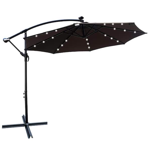GAWEZA 10 ft. Steel Cantilever Solar Patio Umbrella in Chocolate with 24 Solar LED Lights and Cross Base for Backyard Poolside