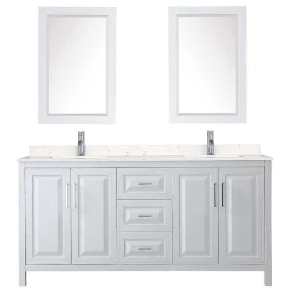 Wyndham Collection Daria 72 in. W x 22 in. D Double Vanity in White with Cultured Marble Vanity Top in Light-Vein Carrara w/ Basins&Mirrors