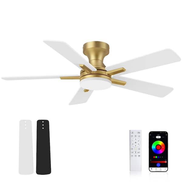 42 in. Smart Outdoor Indoor Gold Flush Mount Ceiling Fan with RGB LED Lights and APP/Remote Control, Dimmable, 6 speeds