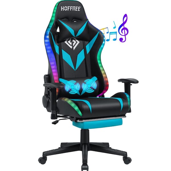Faux Leather Massage LED Reclining Ergonomic Gaming Chair in Blue with Bluetooth Speakers and Adjustable Armrest