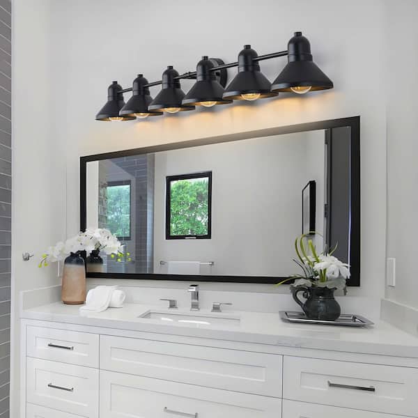 49 in. 6-Light Powder-Coated Black Vanity Light Fixture with Metal Cone Shade