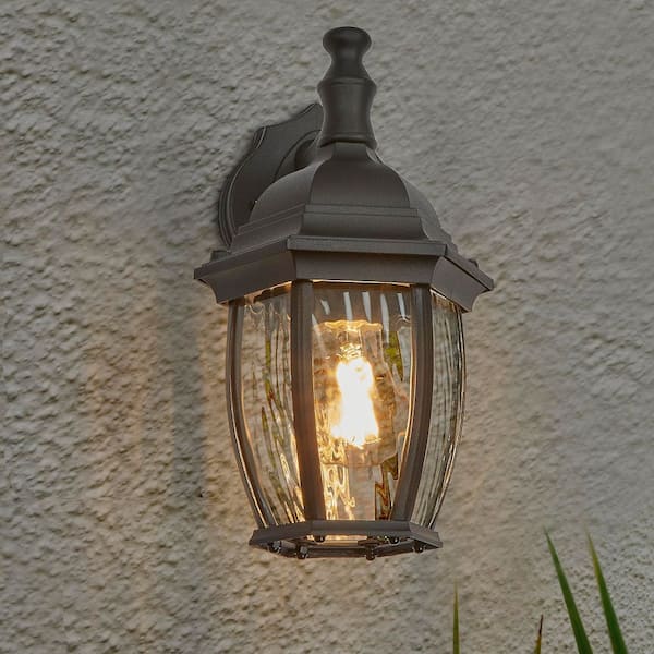 LED Outdoor Wall Light, Black w/ Clear Water Glass, Exterior Porch Sconce Light, Bulb Not Included