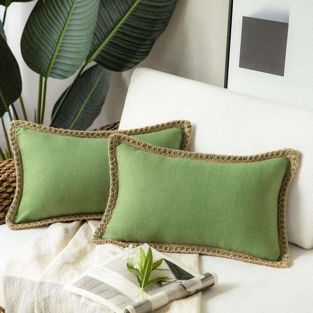 Pack of 2 Decorative Throw Pillow Covers, Burlap Linen Trimmed, Green