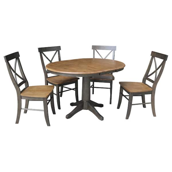 International Concepts 5-Piece Dining Set with 36 inch Round Extension Table and 4 Counter Height Stools, Hickory/Washed Coal