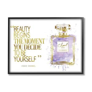 Beauty Begins Designer Quote Purple Glam Perfume Bottle by Amanda Greenwood Framed Typography Art Print 14 in. x 11 in.