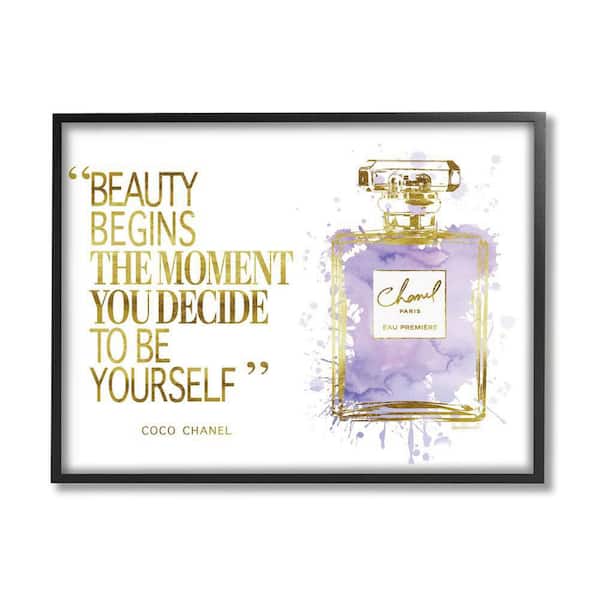 The Stupell Home Decor Collection Beauty Begins Designer Quote Purple Glam Perfume Bottle by Amanda Greenwood Framed Typography Art Print 14 in. x 11 in.