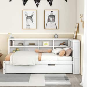 White Twin Size Wood Daybed with Twin Size Trundle, Storage Shelf and USB Charging Ports