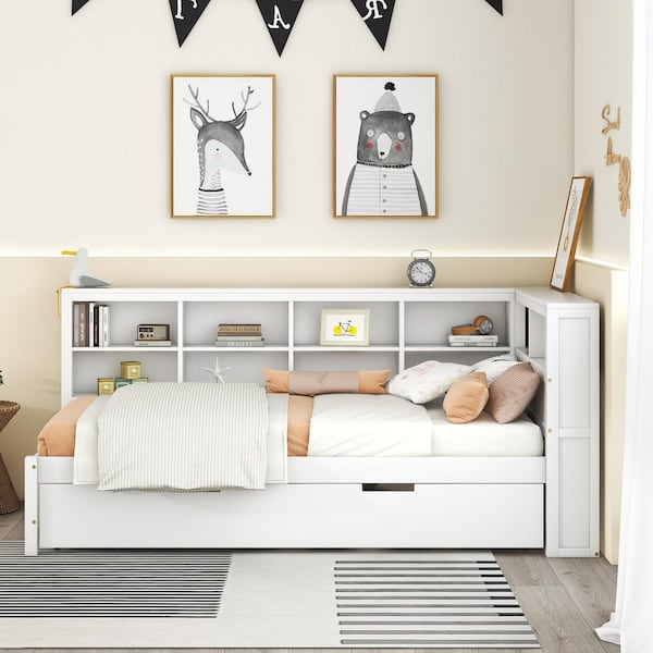 Harper & Bright Designs White Twin Size Wood Daybed with Twin Size Trundle, Storage Shelf and USB Charging Ports