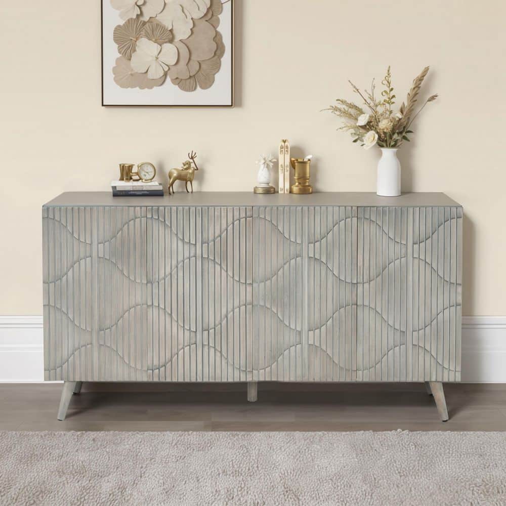 Garrett Gray MDF Wood 59.8 in. Buffet Sideboard Accent Storage Cabinet with Adjustable Shelves, Fluted Textured Doors