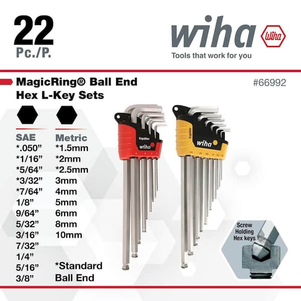 Wiha MagicRing Ball End Hex L Key Set Inch Metric (22-Piece) 66992