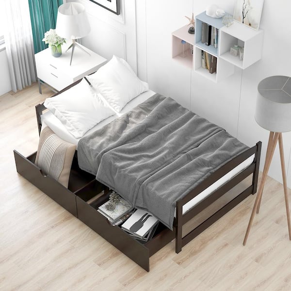 Qualler Espresso Twin Size Platform Bed with 2-Drawers
