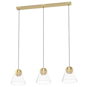 Cerasella 35.43 in. W x 81.65 in. H 3-Light Brushed Brass Linear Pendant with Clear Glass Cone Shades