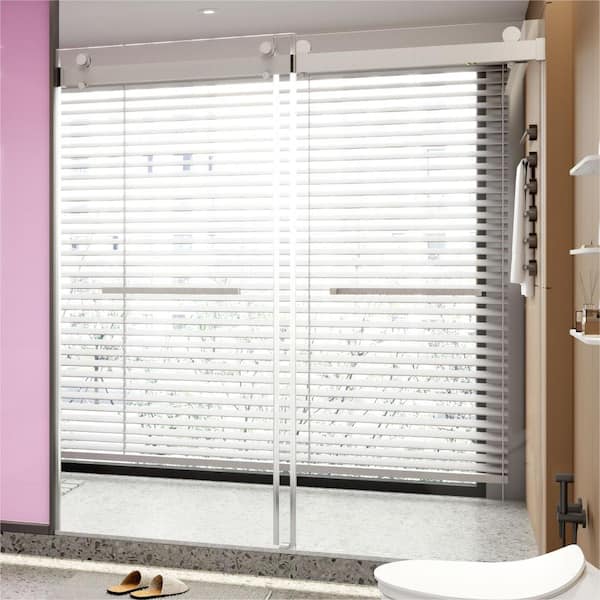WELLFOR 72 in. W x 76 in. H Soft-Closing Double Sliding Frameless Shower Door with 3/8 in. Clear Glass in Brushed Nickel