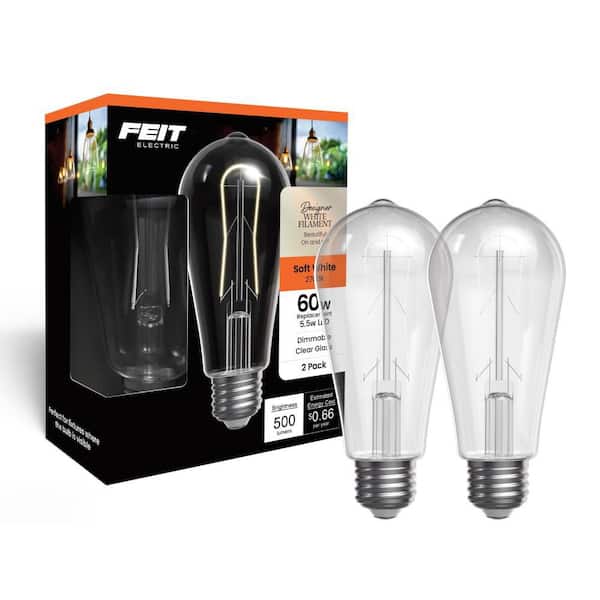 60W Equiv. ST19 Dim. U-Shape White Filament Clear E26 Vintage Edison Straight Tapered LED Light Bulb Soft White (2-Pack)