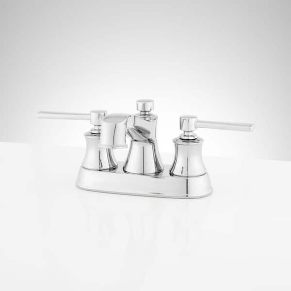 SIGNATURE HARDWARE Pendleton 4 in. Centerset Double Handle Low Arc Bathroom Faucet with Drain Kit Included in Chrome
