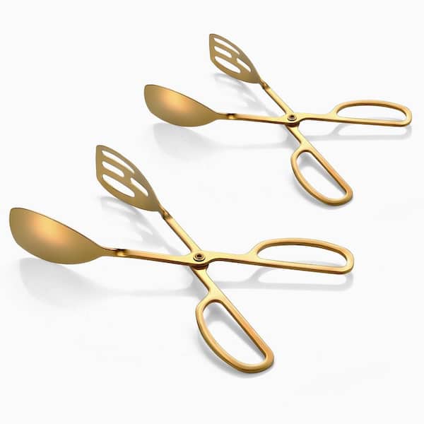 2-Piece Stainless Steel Salad Servers for Buffet and Party, Scissor-Style, Non-Toxic, Heat-Resistant, Gold
