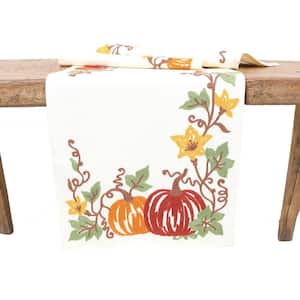 15 in. x 70 in. Cream Happy Fall Pumpkins Crewel Embroidered Table Runner, Cream